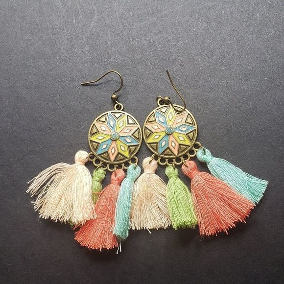 Tribal terracotta boho tassel earrings - Picture 2 of 4